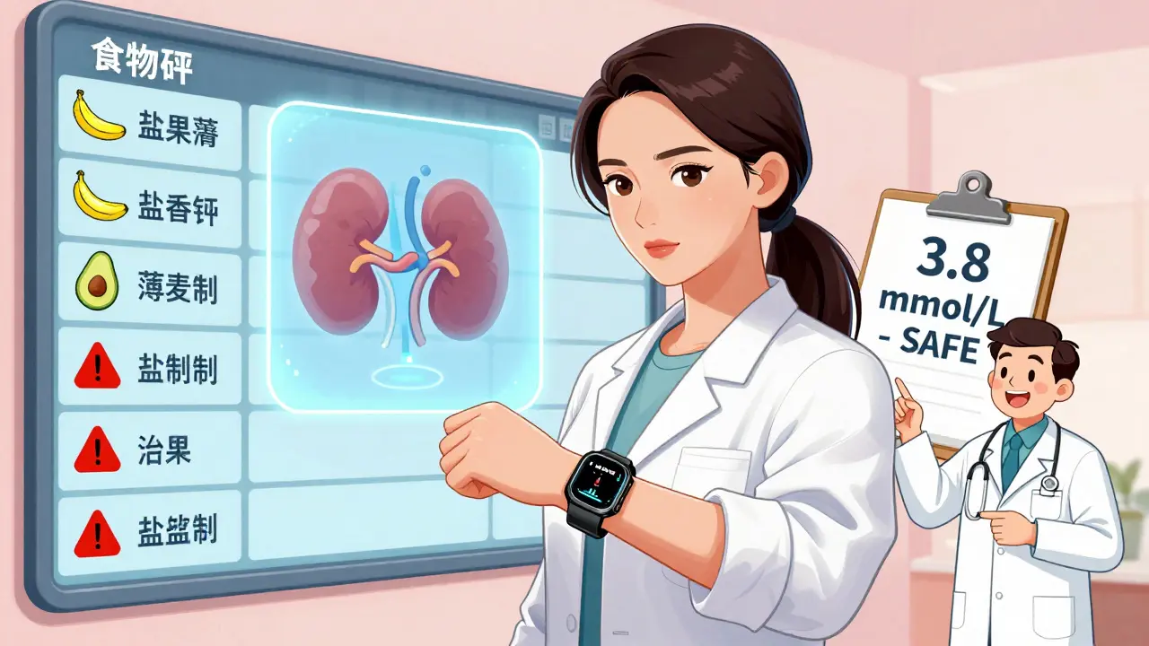 A woman wearing a smartwatch that displays potassium levels, standing before a digital food chart with danger icons and a holographic kidney.