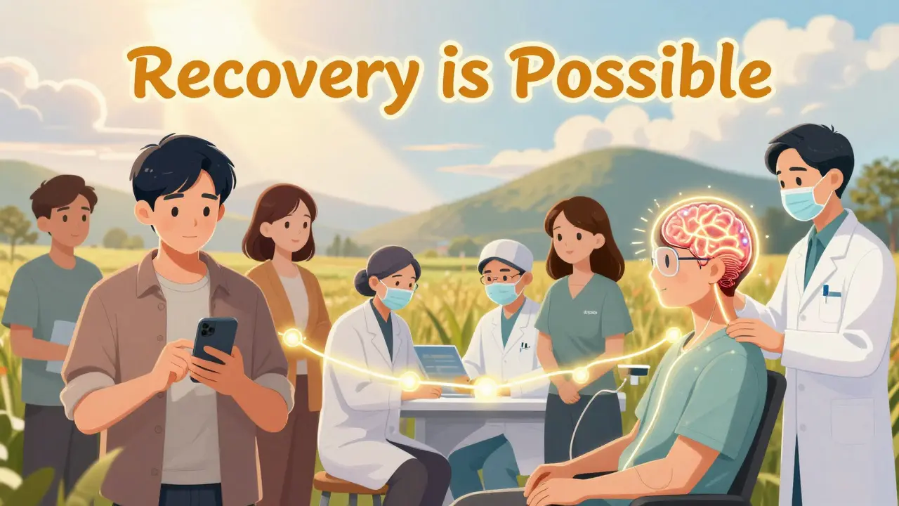 Diverse individuals accessing different depression treatments — app, telehealth, ECT — all connected by a golden thread of hope under rising sunlight.