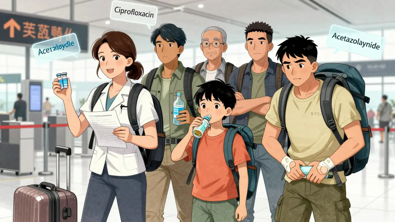 Diverse travelers at an airport with medical supplies, including insulin, electrolyte solution, and blister pads.