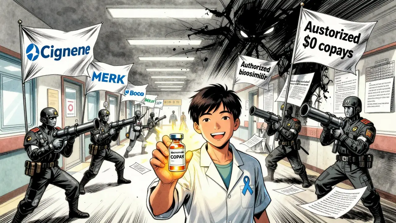 Healthcare stakeholders battle in a hospital corridor over biosimilar access and cost savings.