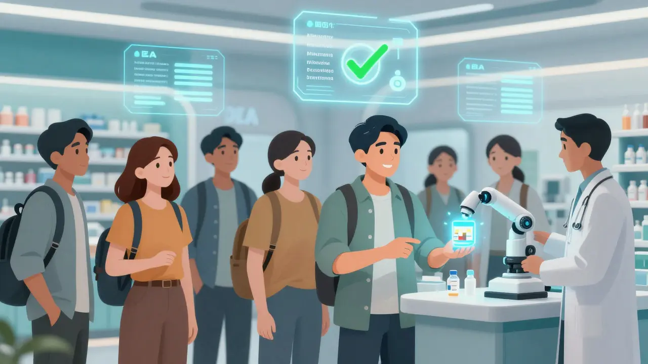 Patients receive medication from a high-tech pharmacy with holographic prescription displays and DEA approval icons.