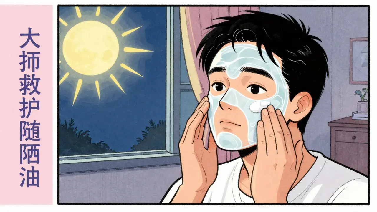 Person applying cream at night with a protective barrier against sun.