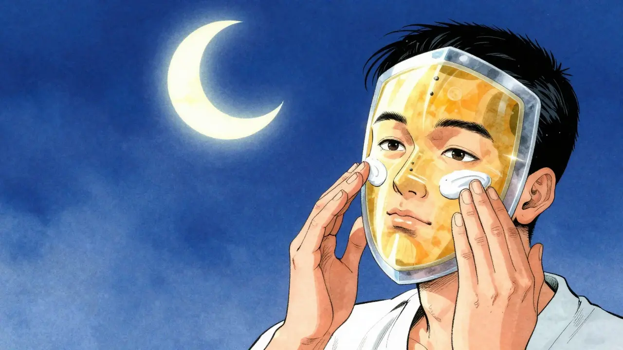 Person applying cream at night with a sun protection shield.