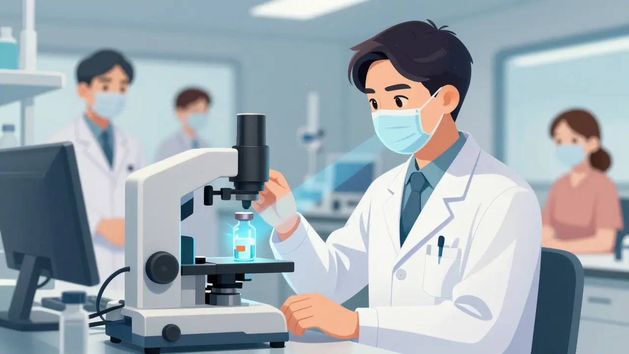 Scientist scanning a vial with precision beams in a clinical lab.