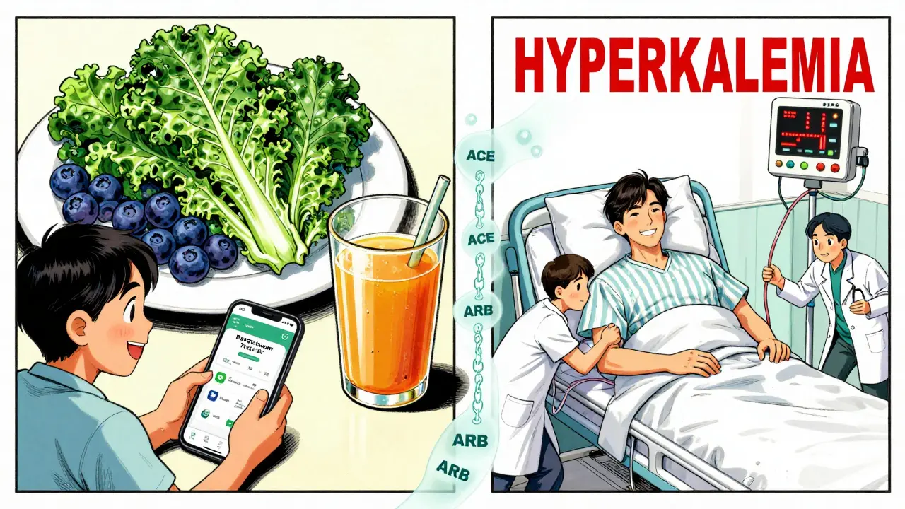 Split scene: one side shows healthy low-potassium meals and a tracking app, the other shows a hospital emergency with warning monitors.