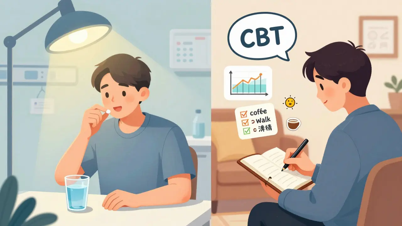 Split scene showing medication intake on one side and therapy session with CBT tools on the other, symbolizing combined treatment for depression.
