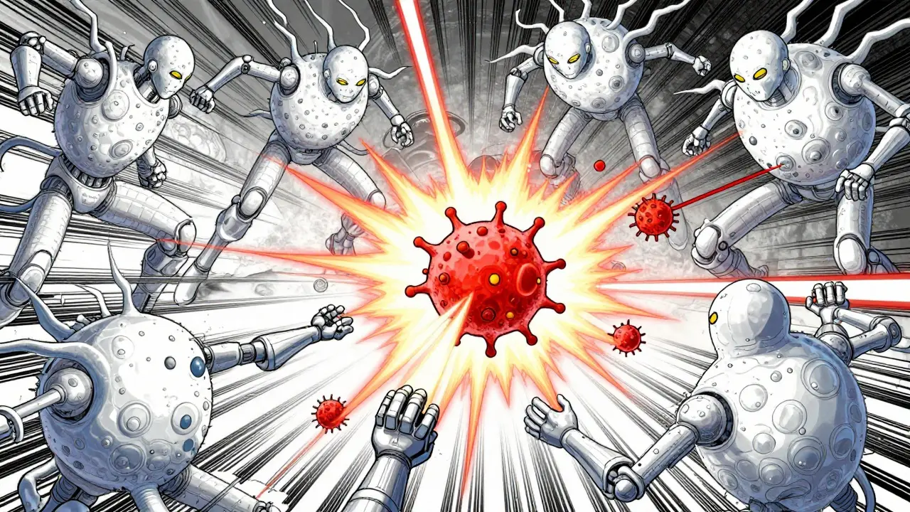 Stylized immune cells battling a foreign drug particle with energy beams.