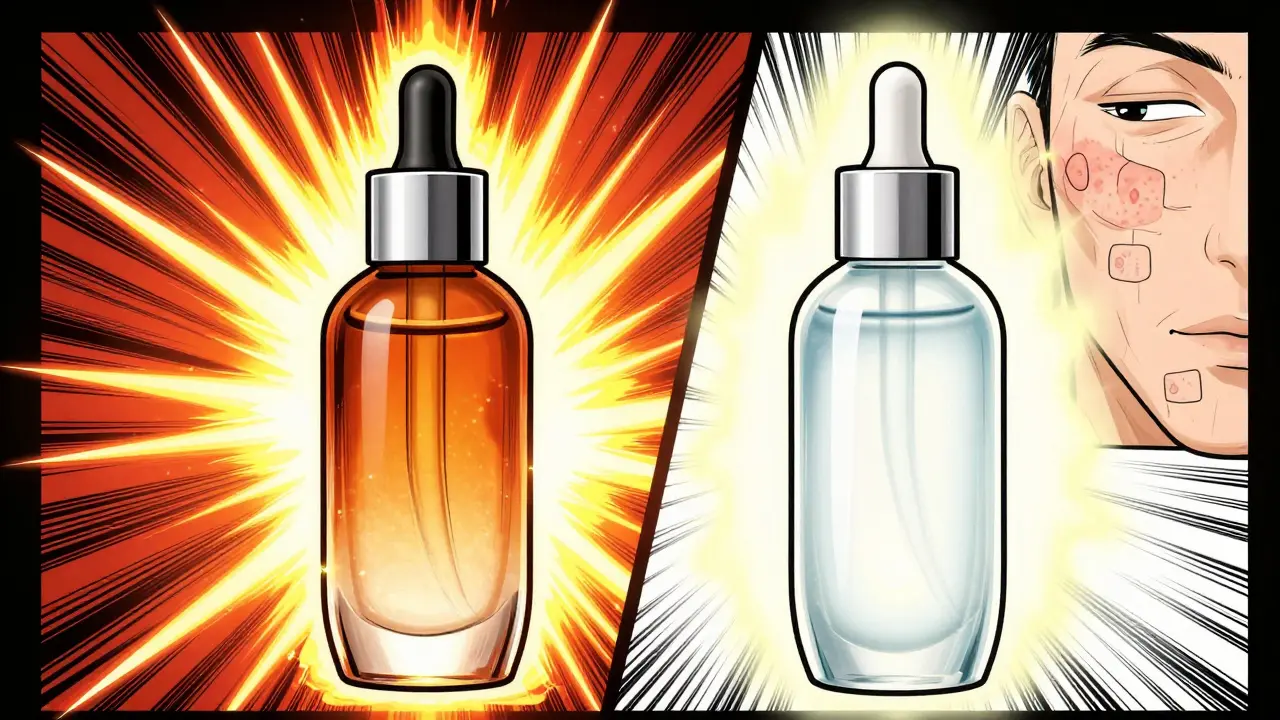 Two skincare bottles showing contrast in strength and stability.