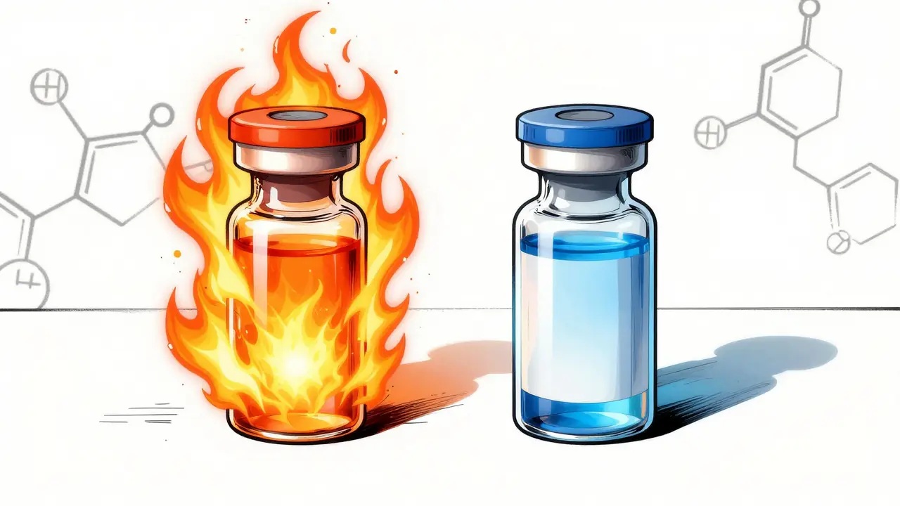 Two vials emitting orange and blue energy representing strength and stability.