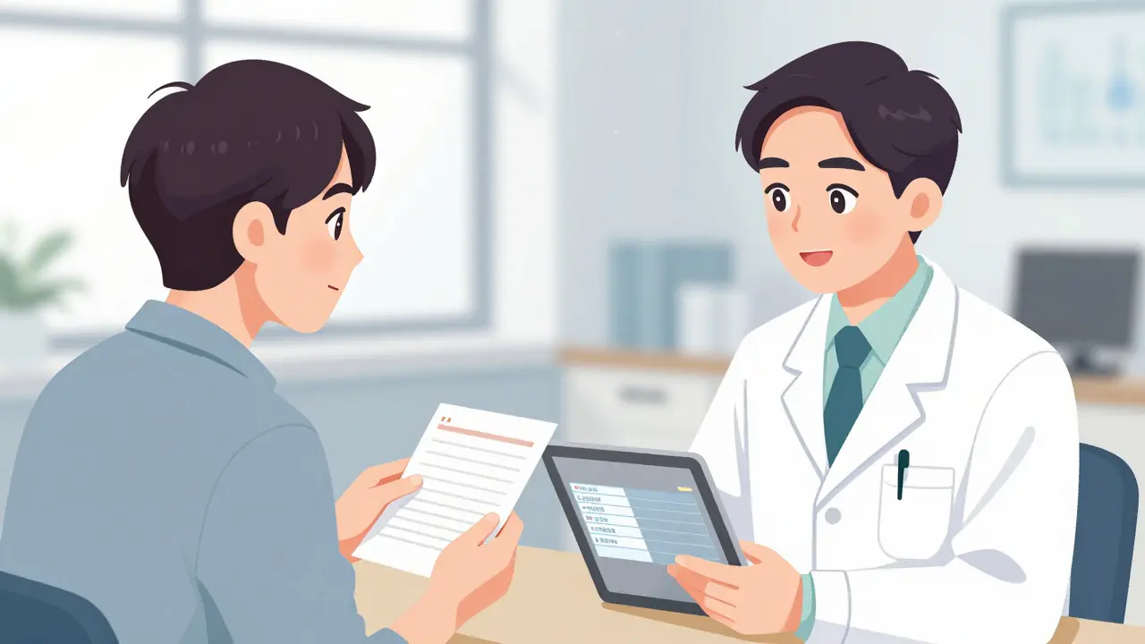 A doctor and patient discussing affordable generic medication options in a clinic.