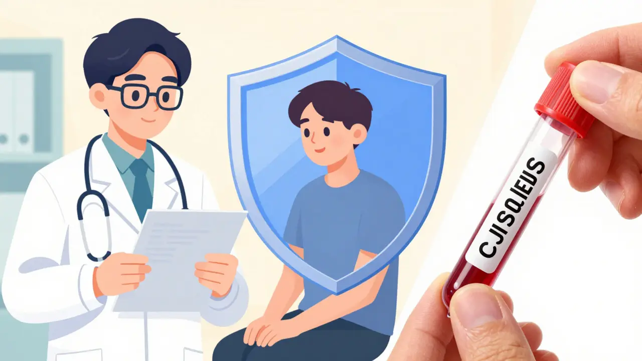 A doctor reviewing genetic tests and a blood sample being taken for patient safety.