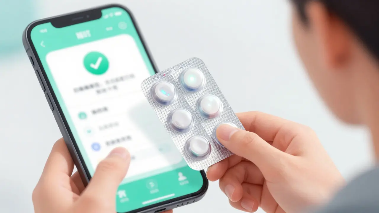 A hand holding a smart blister pack with a glowing sensor and a companion app.