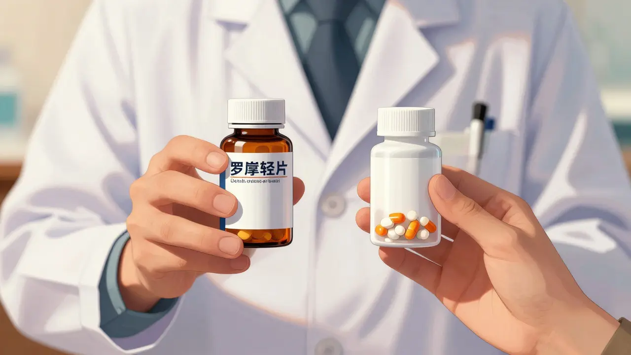 A pharmacist comparing a brand-name drug with an authorized generic version.