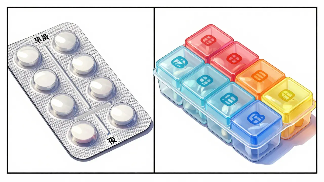 Comparison between a professional blister pack and a colorful pill organizer.
