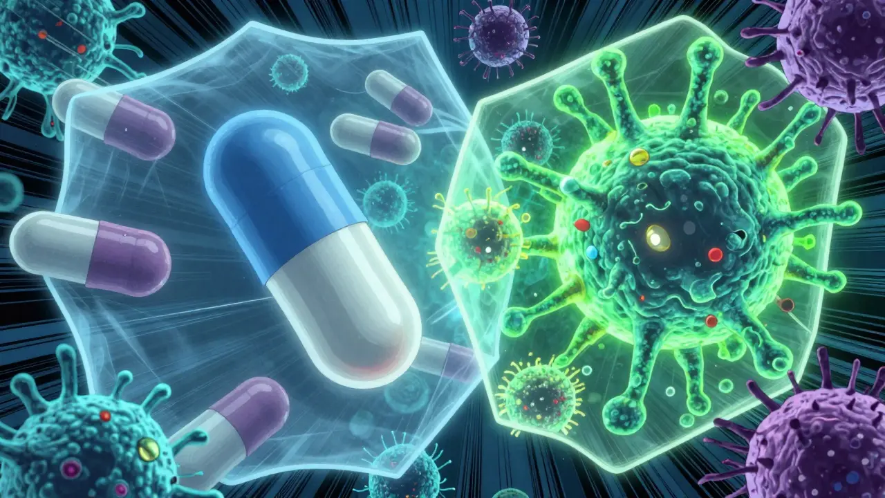 Conceptual manhua illustration of weak antibiotics failing to kill resistant bacteria