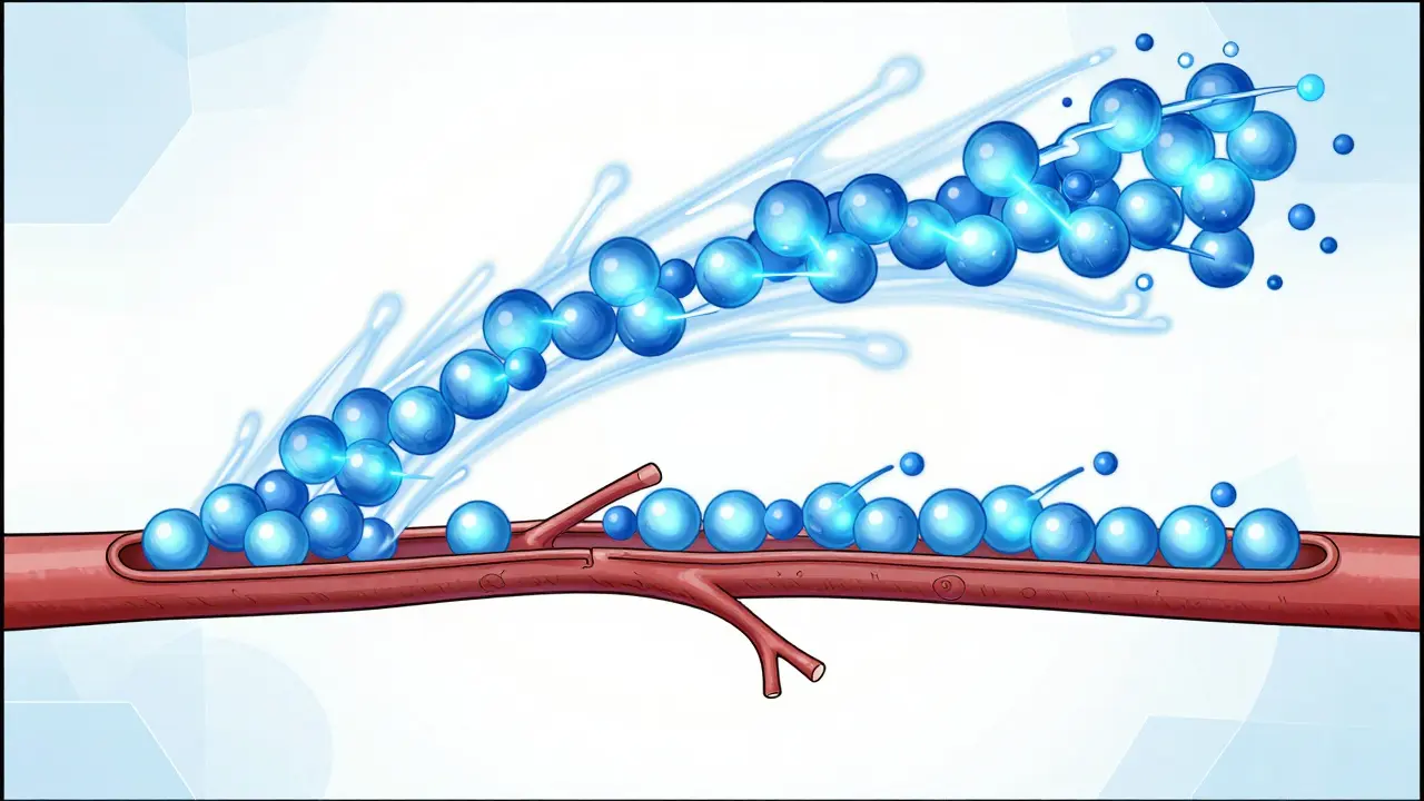 Conceptual visual showing two identical streams of medicine entering the bloodstream.