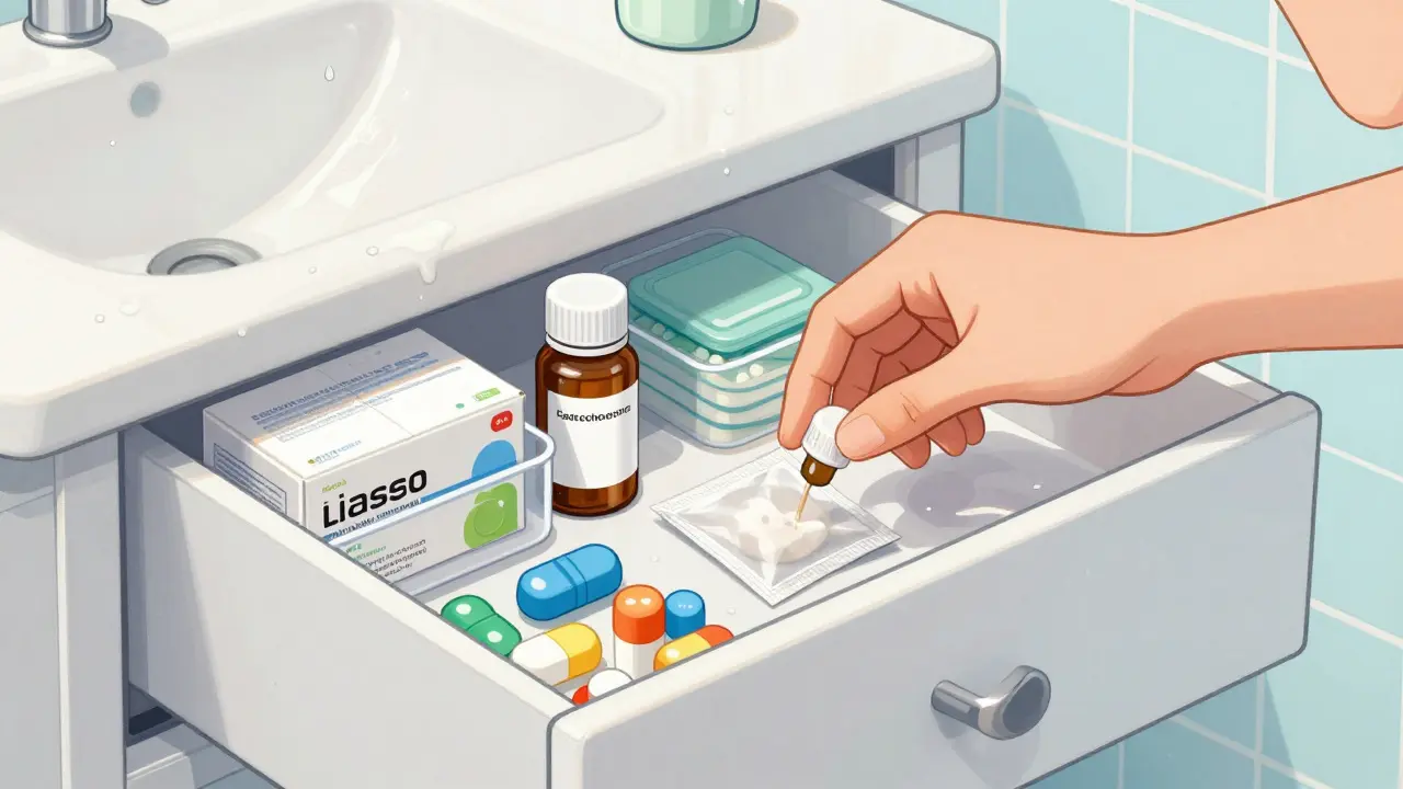 Hand storing medicine in a cool dry bedroom drawer in manhua style