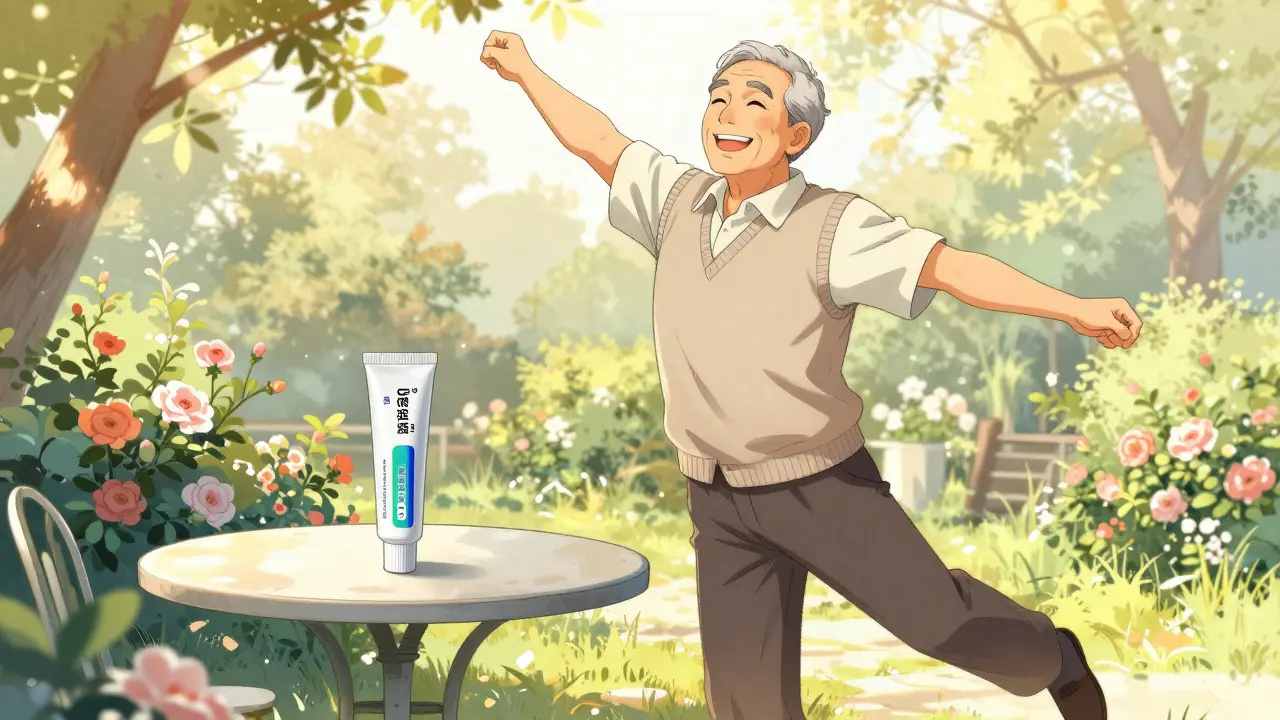 Manhua illustration of a happy senior man stretching and moving without pain