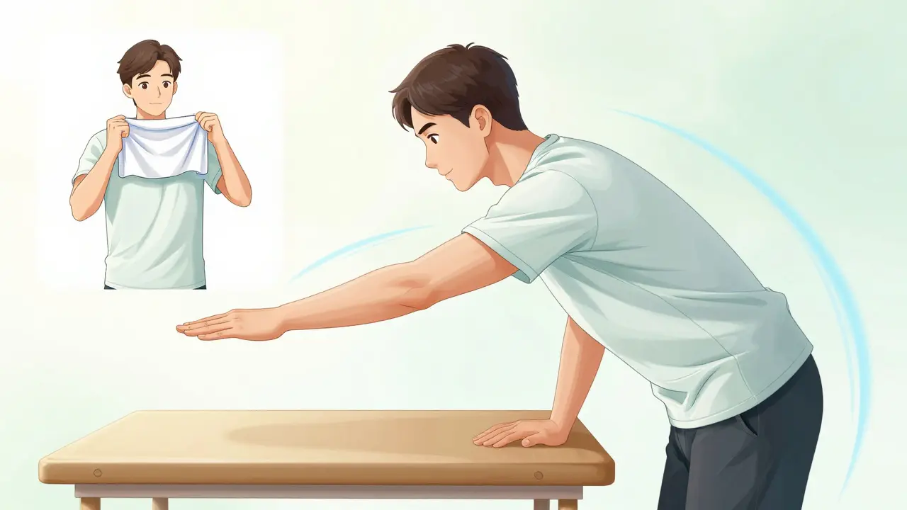 Manhua illustration of a man performing pendulum shoulder exercises