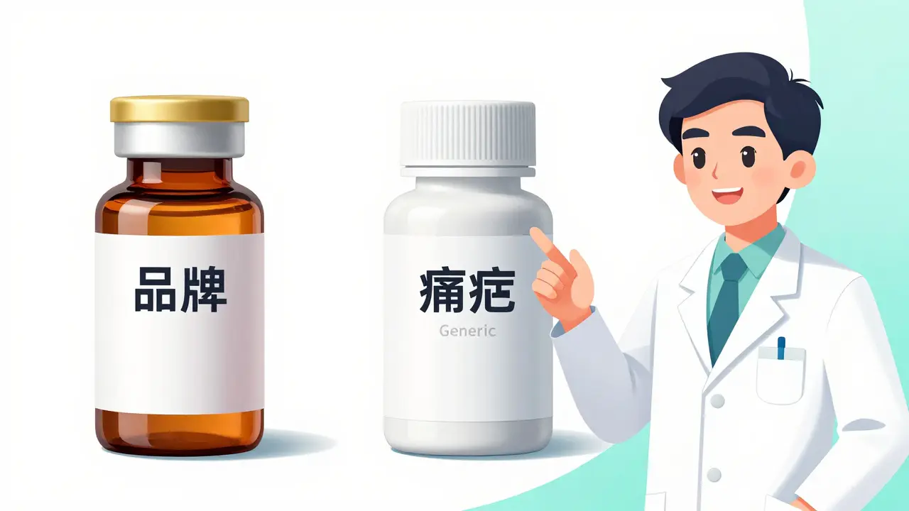 Manhua style comparison between an expensive brand name drug and an affordable generic version.