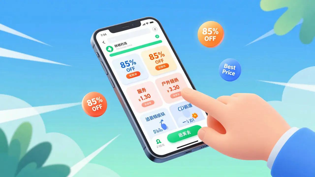Manhua style depiction of a smartphone app comparing pharmacy prices and discounts