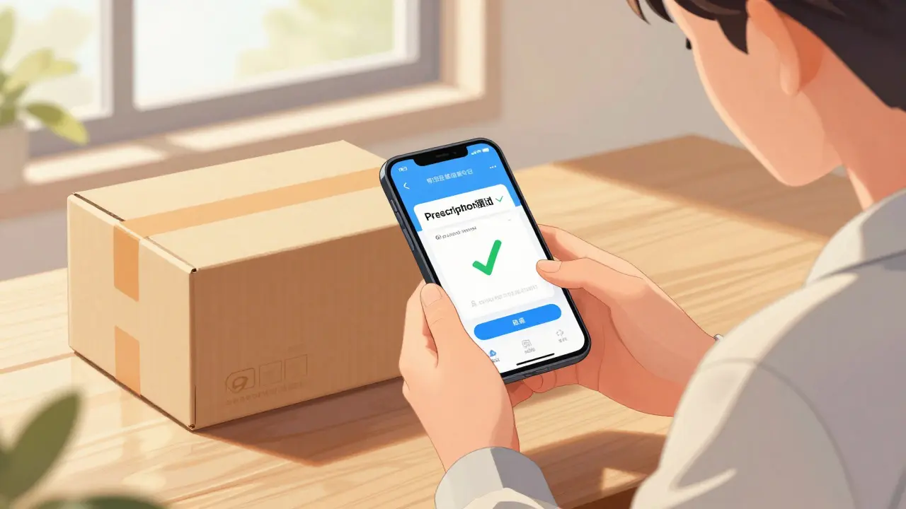 Manhua style illustration of a person receiving a verified pharmacy delivery and checking their phone.