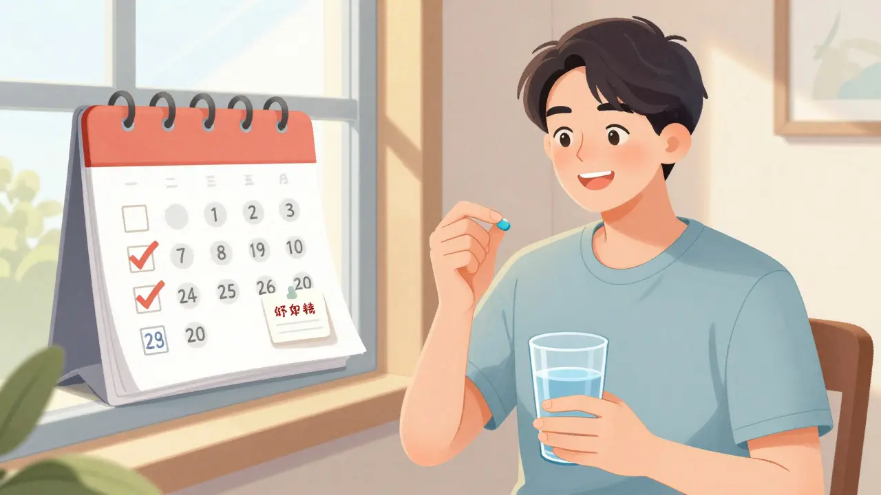 Person taking daily thyroid medication by a sunny window in manhua style