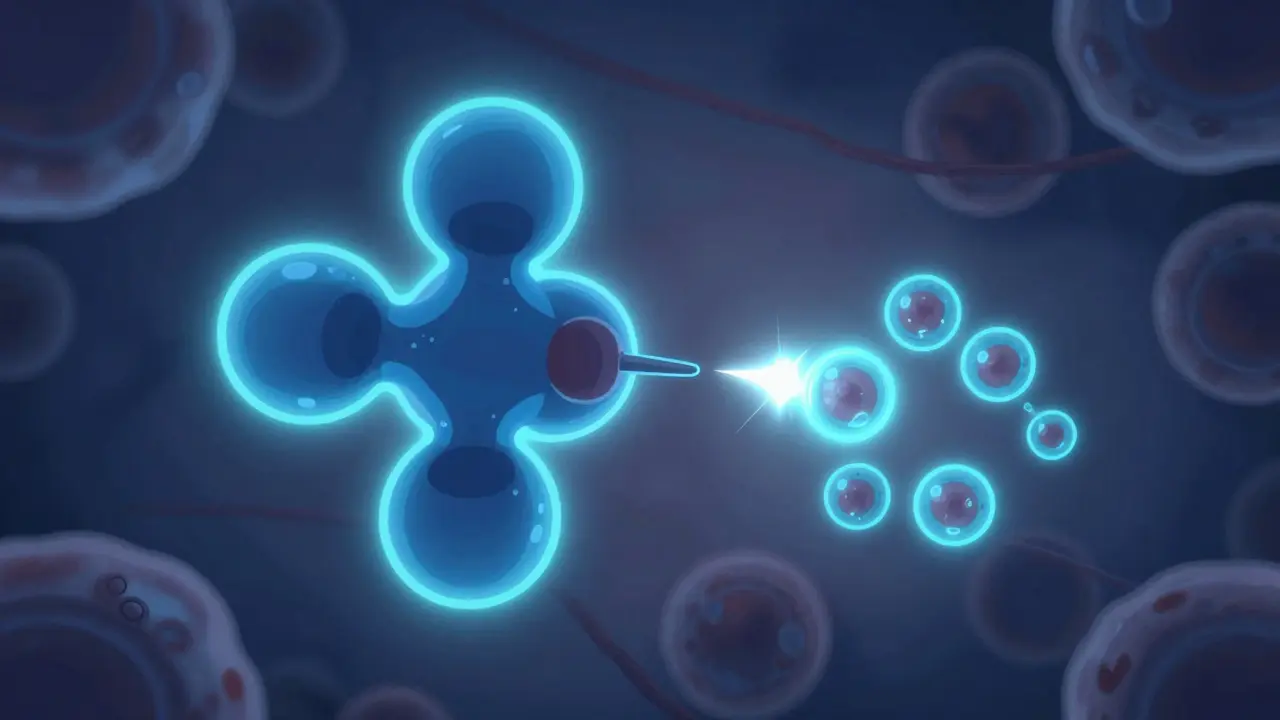 Stylized depiction of radioactive iodine targeting thyroid cells