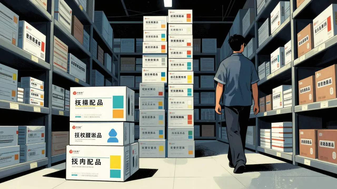 Warehouse aisle showing scarce specialized boxes among many standard ones