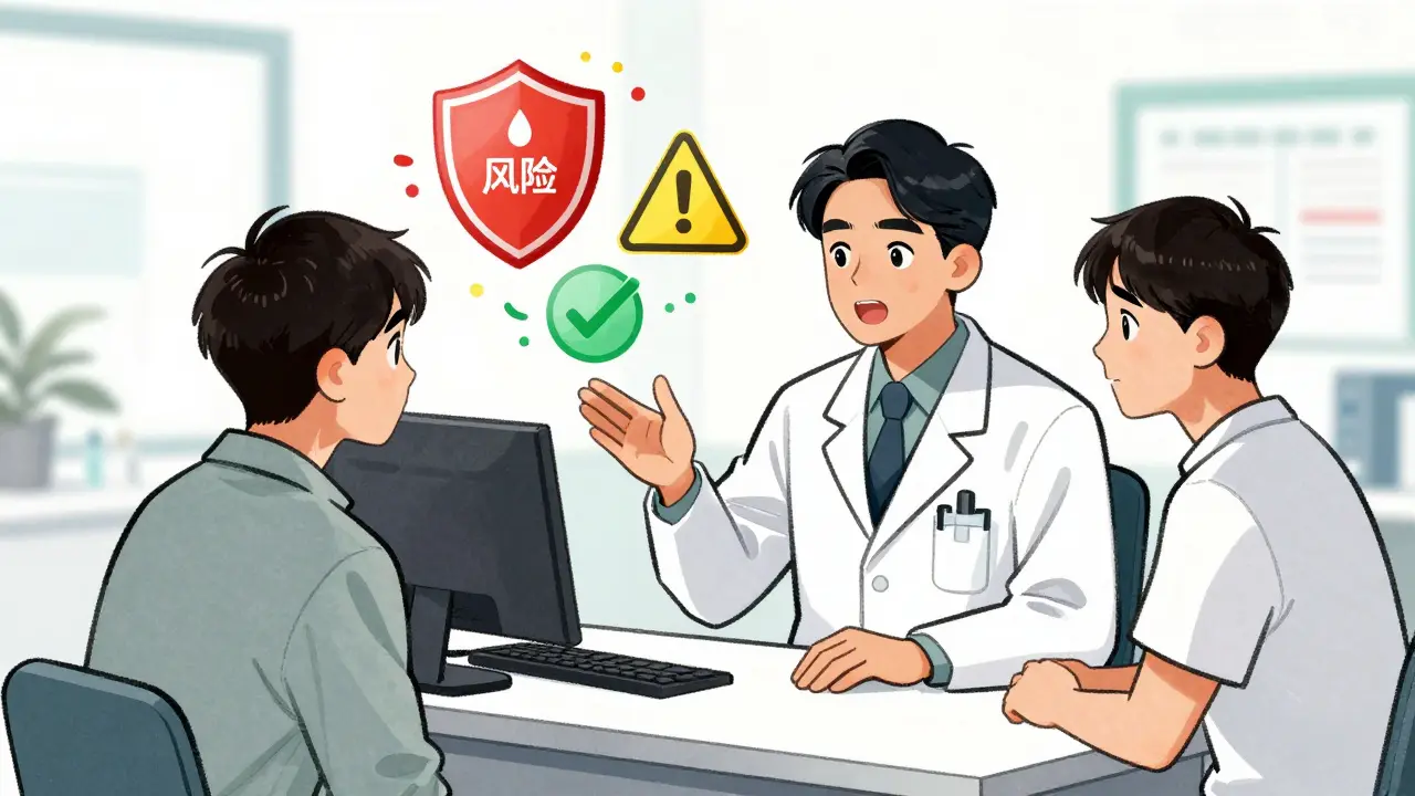 Cartoon doctor explaining probiotic risk levels to a patient with floating warning icons.