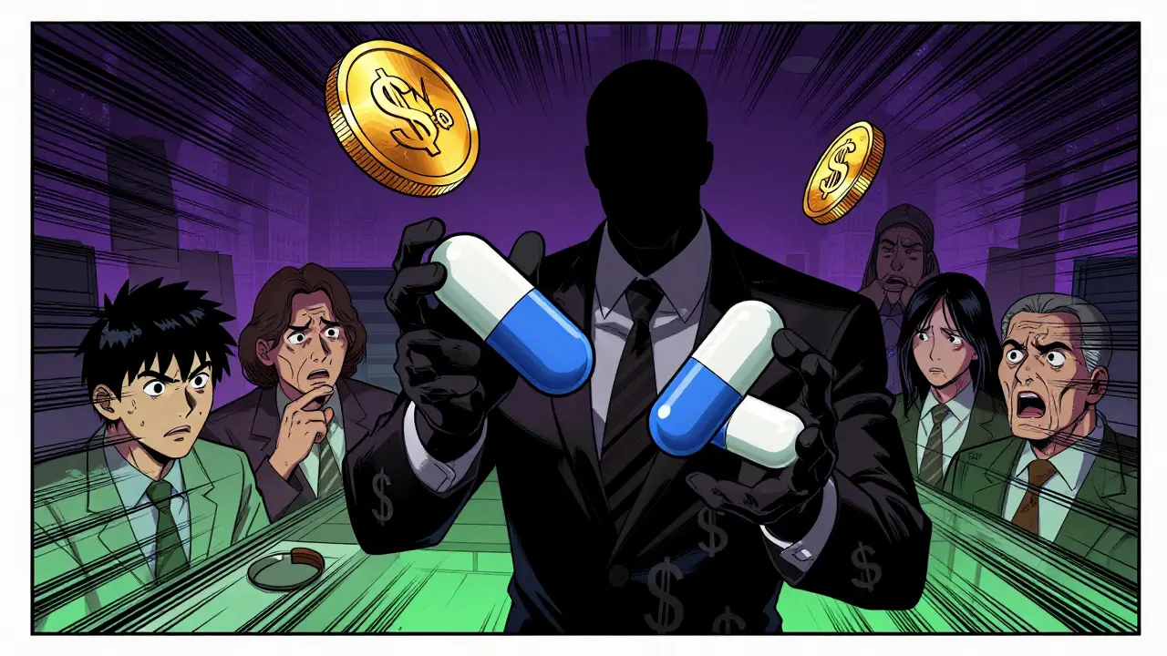 Cartoon of PBM figure manipulating generic drug prices with gold coins