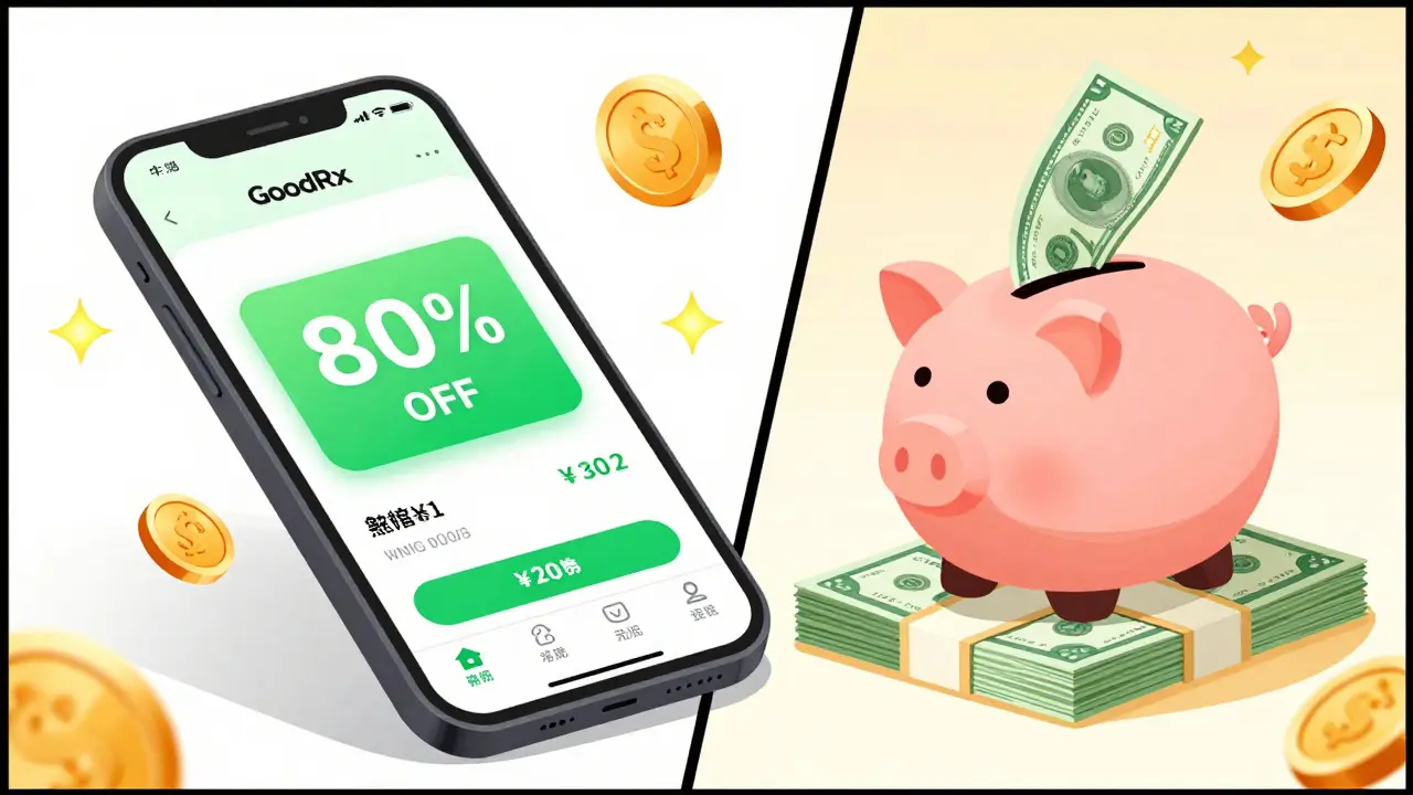 Chinese comic style image showing smartphone coupons saving money on generic medicine