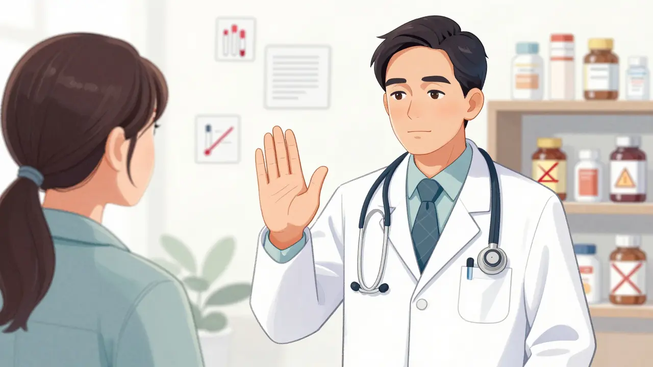 Doctor advising patient against certain probiotic supplements in manhua style.