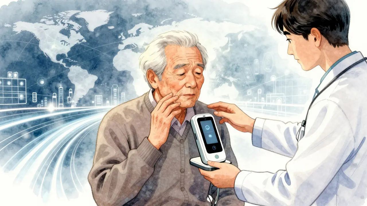 Elderly patient receiving help with a medical app from a nurse in a supportive setting.