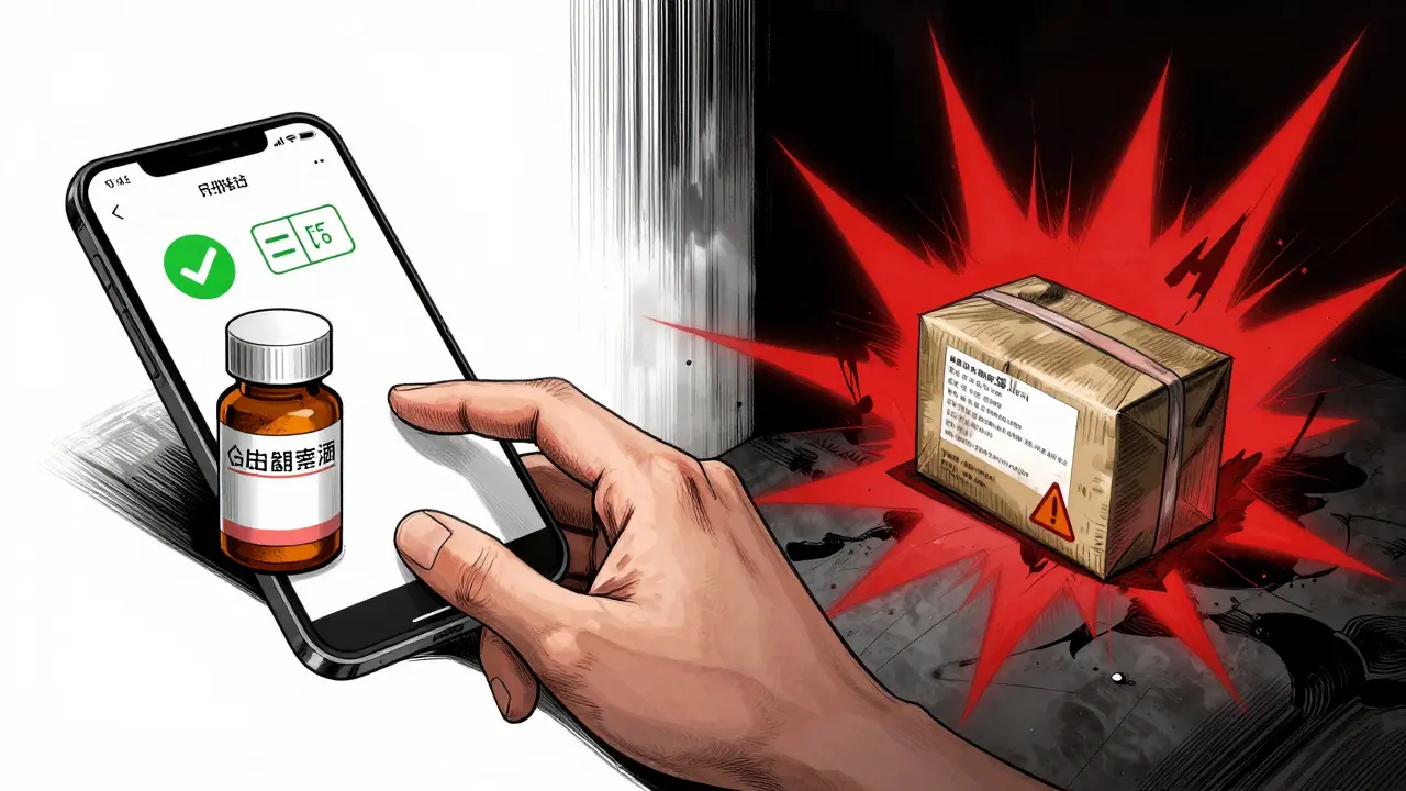Illustration comparing safe verified pharmacy vs risky fake site