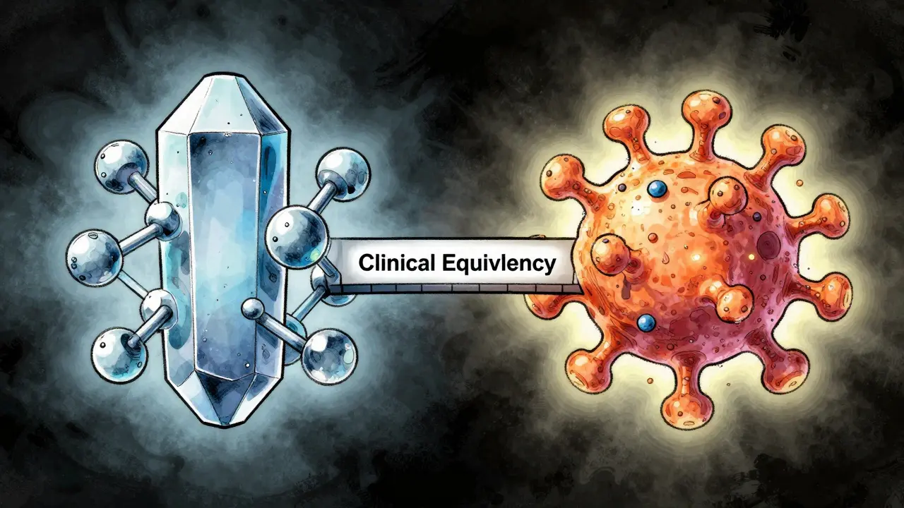 Illustration contrasting generic crystal structure with complex biosimilar cell structure.