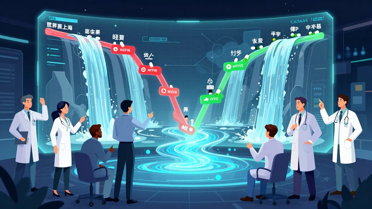 Illustration of analysts using holographic maps to forecast drug savings