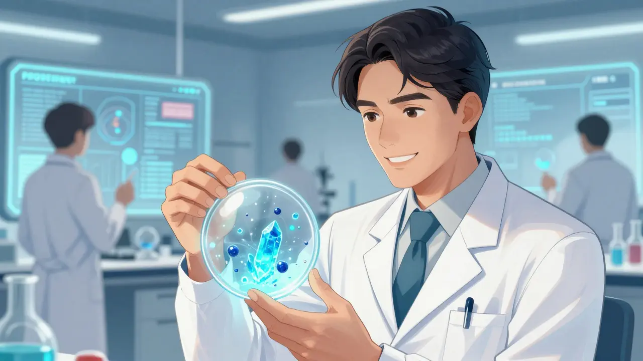 Illustration of scientists studying safe postbiotics in a futuristic lab setting.
