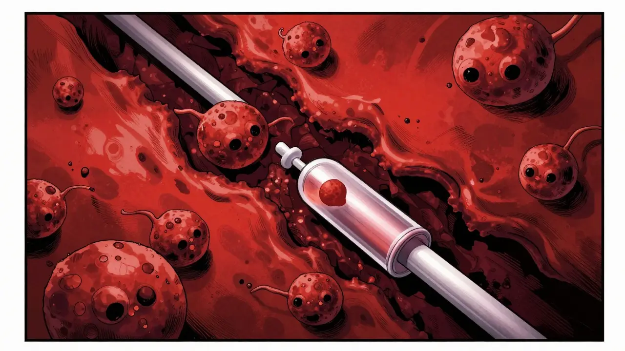 Illustration of yeast forming biofilm on a medical catheter in blood.