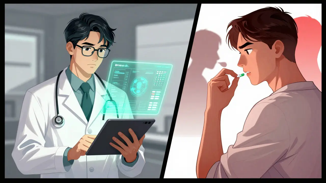 Illustration showing a doctor and patient managing medication risks via digital health tools.