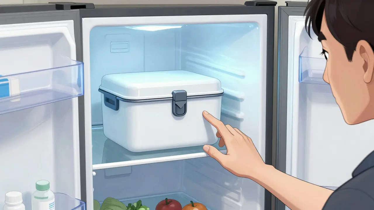 Manhua art of insulin stored safely in center of refrigerator