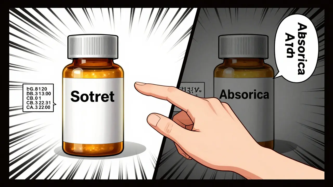 Manhua illustration comparing cheap Sotret vs expensive Absorica drugs