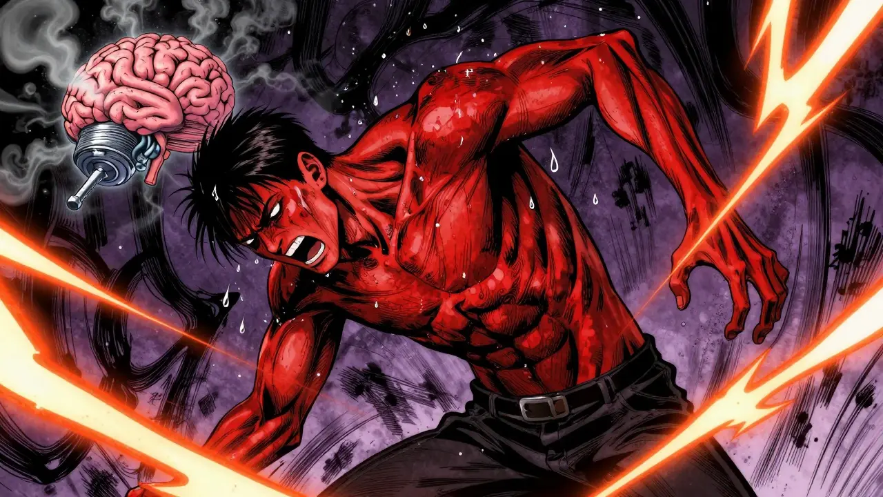 Manhua illustration of a person suffering severe serotonin syndrome symptoms.