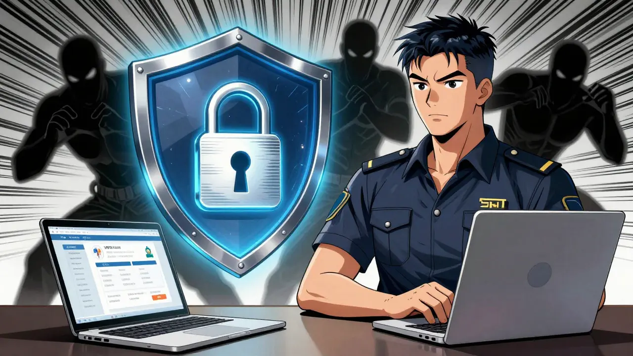 Manhua illustration of hero protecting user with VIPPS shield against online pharmacy scams