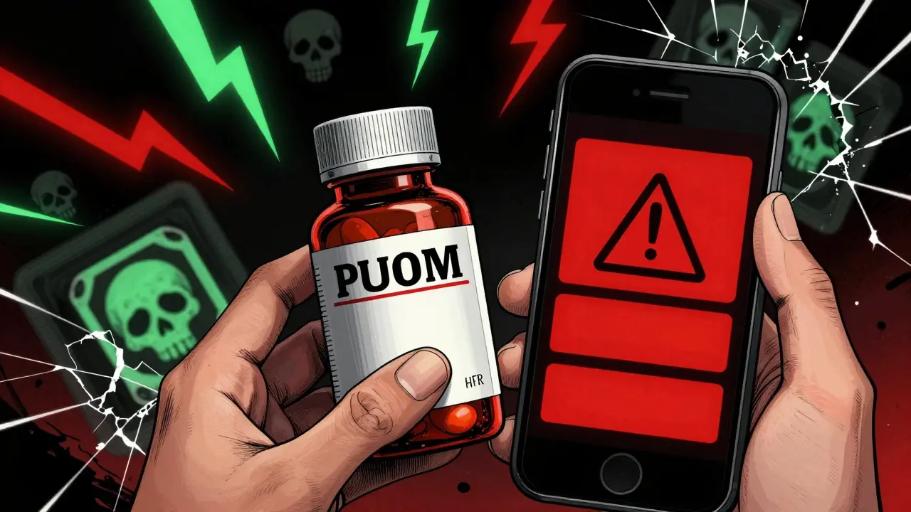 Manhua illustration of suspicious pill bottle and phone showing danger warnings