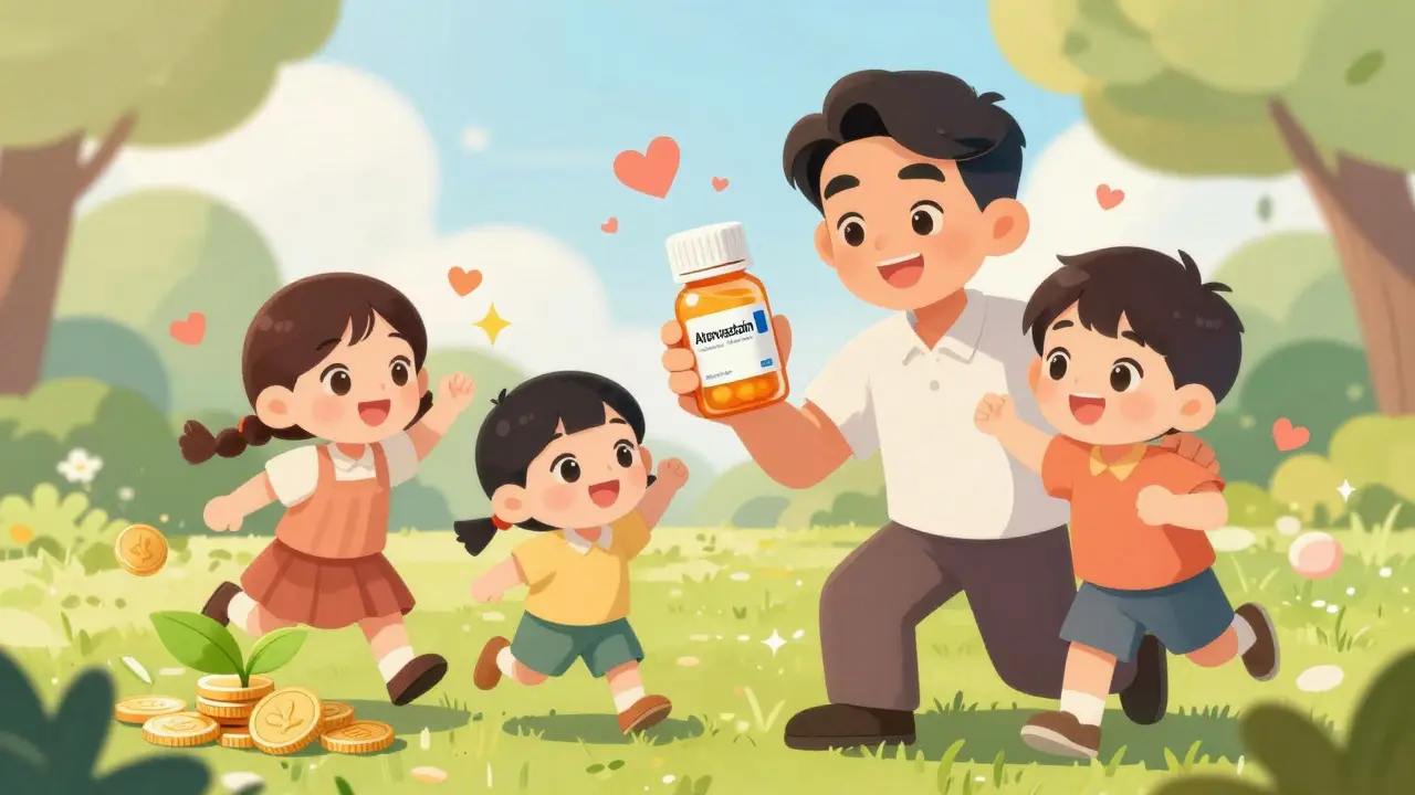 Manhua style: Happy family enjoying health with affordable medication