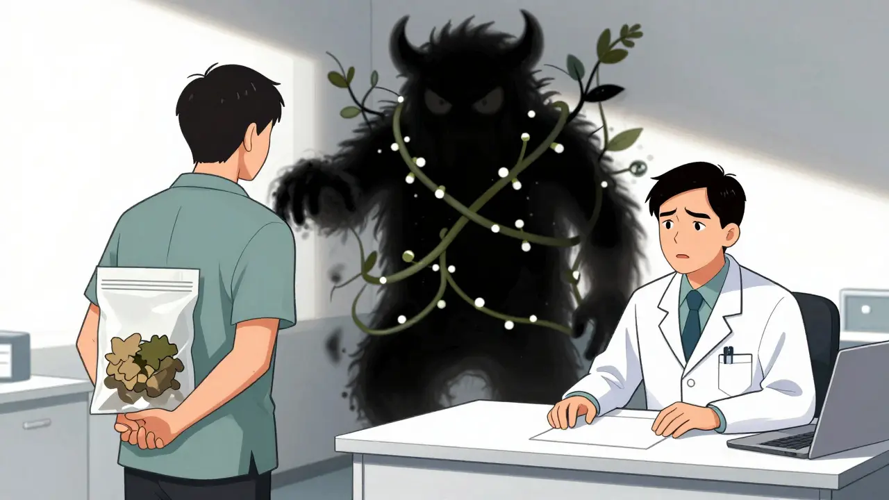 Manhua style image of a patient hiding supplements from a doctor.