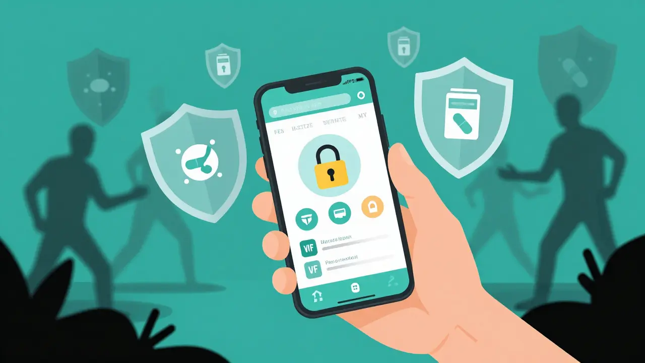 Manhua style: Smartphone showing secure pharmacy site blocking scams