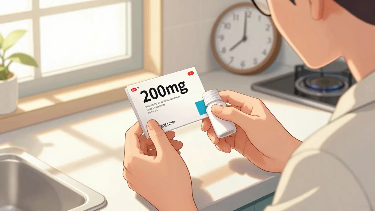 Person checking ibuprofen dosage and expiration date safely