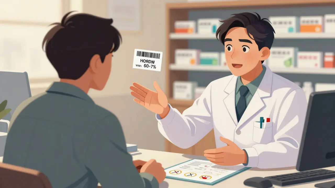 Pharmacist counseling a patient about biosimilar benefits and traceability in manhua style.